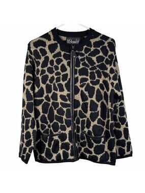 Vintage Rochelle California Cardigan Womens Medium Cheetah Print Black Gold Wool